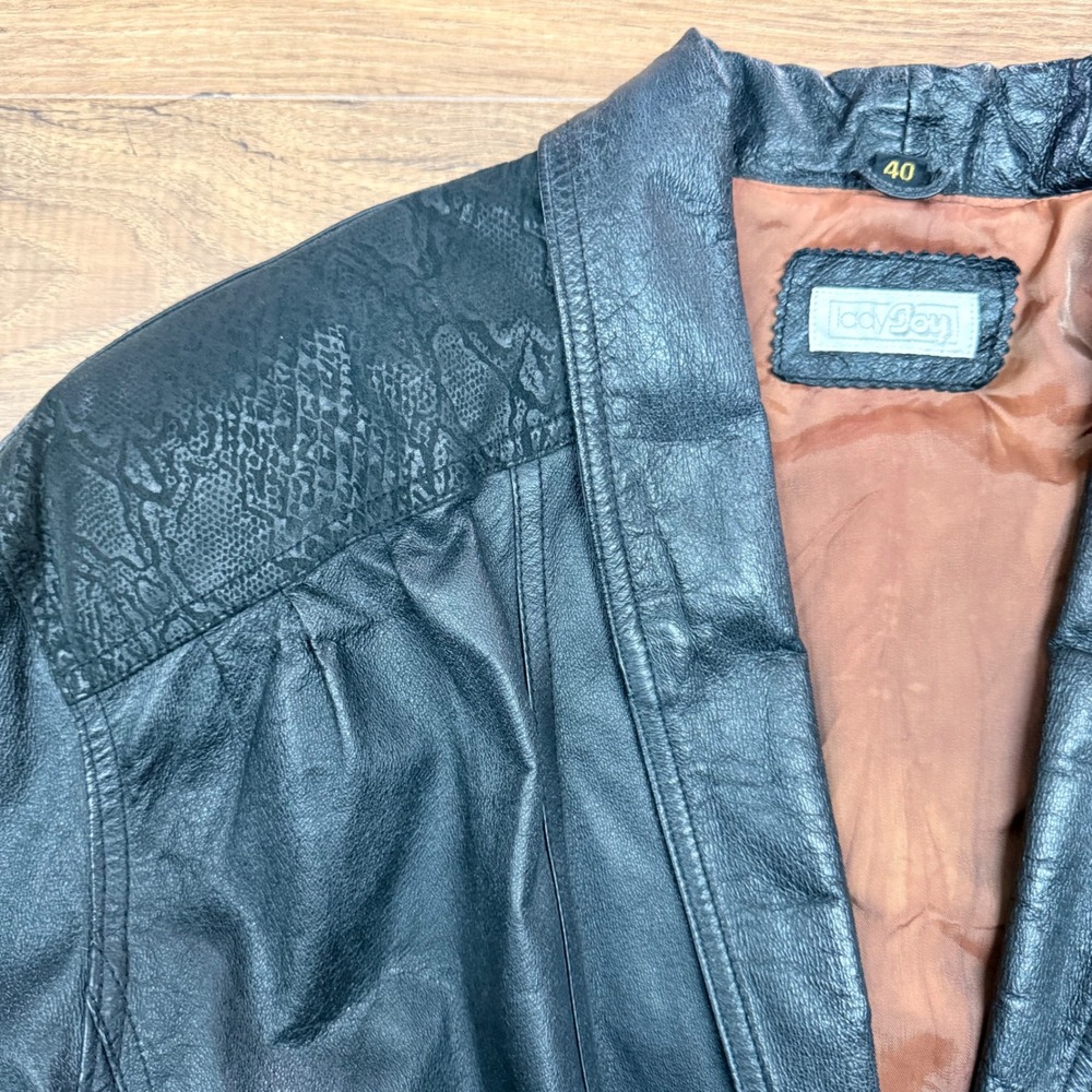 Vintage 80s Rare Lady Joy Women Statement Leather Jacket Large Black Snake Suede - Picture 3 of 10